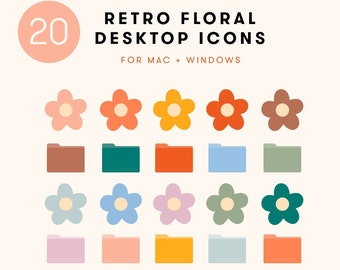 May include: Twenty retro floral desktop icons for Mac and Windows. The icons feature a folder with a flower design in various colors, including pink, orange, yellow, brown, teal, blue, purple, green, and red.