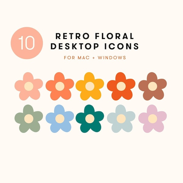 10 Retro Floral Desktop Icon Set | Folder Icons for Mac + Windows | 70s aesthetic retro daisies cute desktop laptop organize computer spring