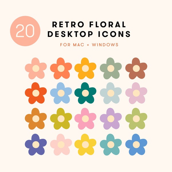 20 Retro Floral Desktop Icon Set | Folder Icons for Mac + Windows | 70s aesthetic retro daisies cute desktop laptop organize computer spring