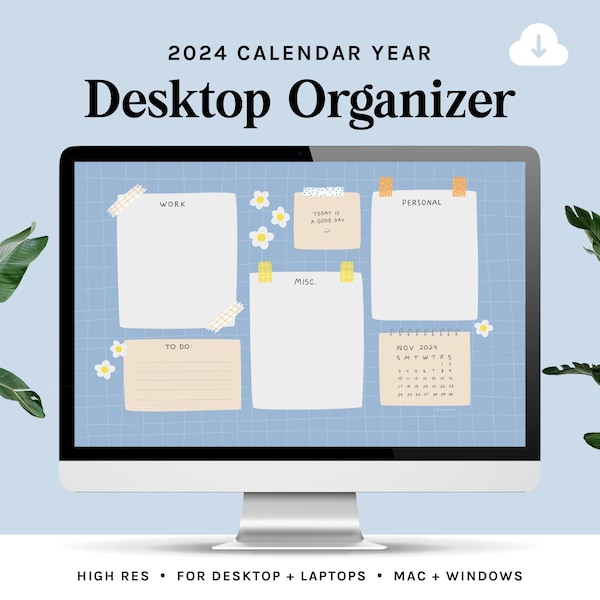 Desktop Organizer | 2024 calendar | Blue Floral Grid Wallpaper | small business owners, entrepreneurs, students, mac, windows, computer