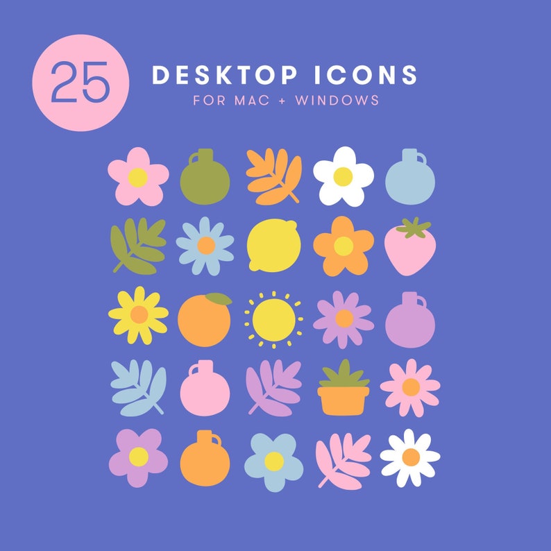 Desktop Icon Set 25 Illustrated Icons for Mac Windows cute flowers spring colorful bright fun fashion bold organized aesthetic retro image 1