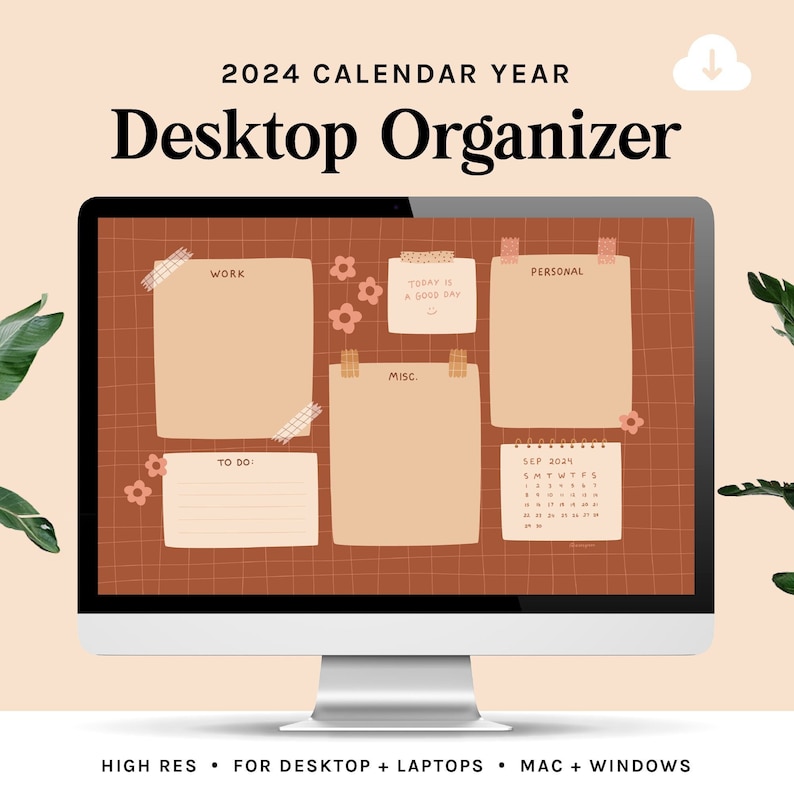 Desktop Organizer 2024 calendar Brown Floral Grid Wallpaper small business owners entrepreneurs bloggers students mac windows image 1