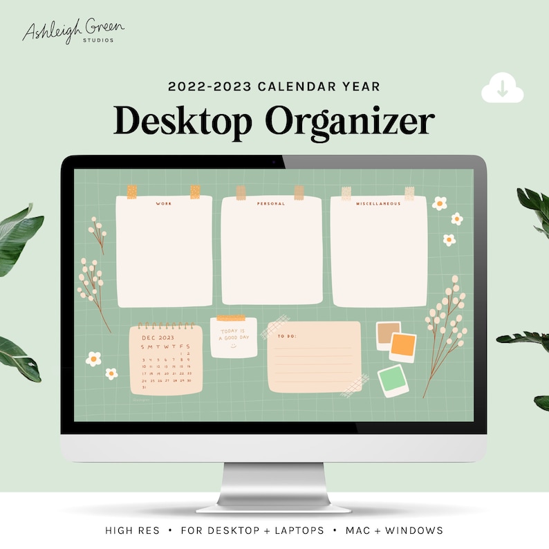 Desktop Organizer  2022-2023 calendar  Green Floral Grid image 1
