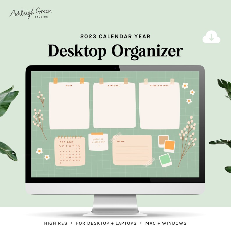 Desktop Organizer  2023 calendar  Green Floral Grid image 1