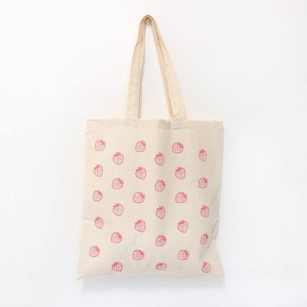 Strawberry Printed Tote Bag - handmade print - bock print canvas pink fruit cute organic cotton grocery reusable bag linocut pattern print