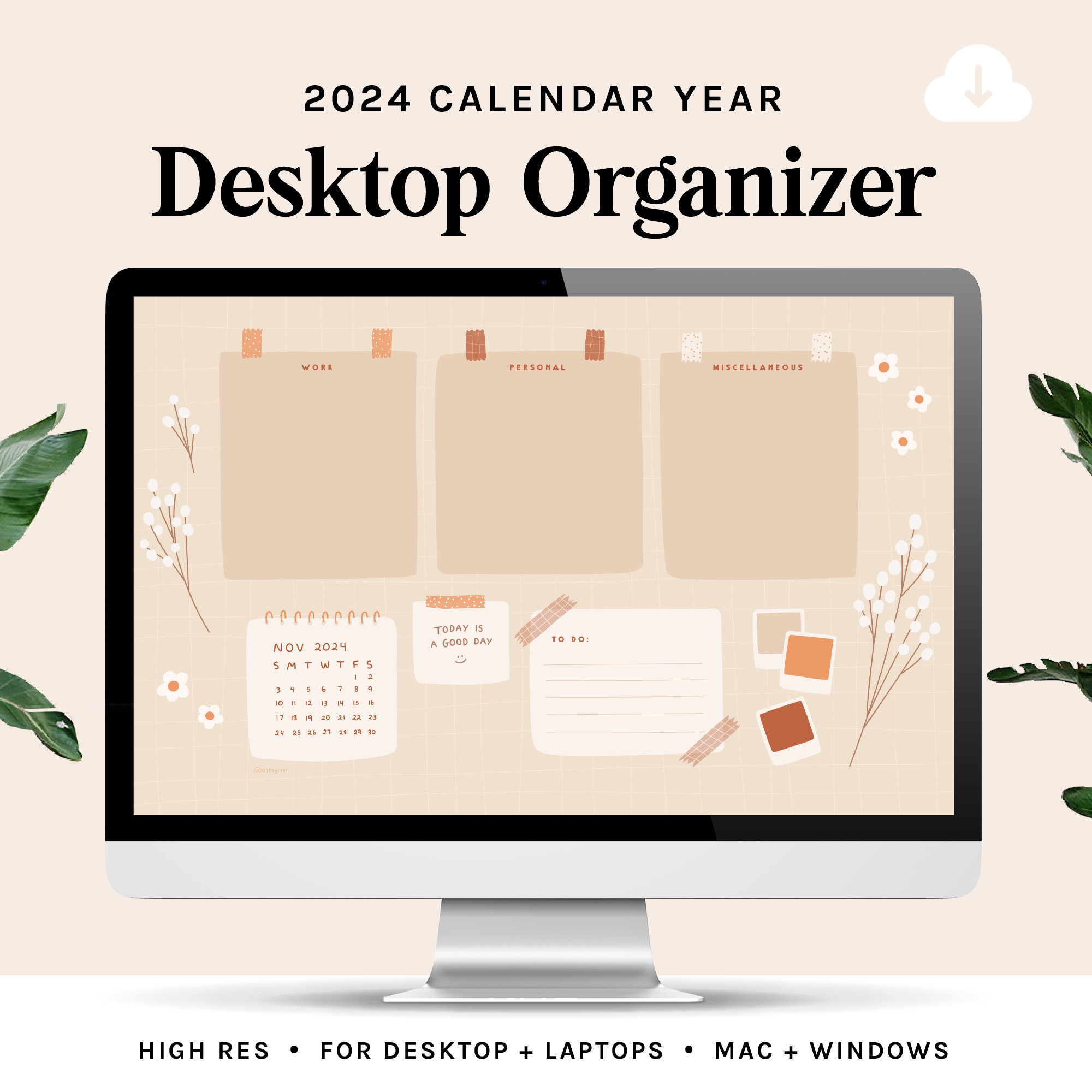 Desktop Wallpaper Organizer 2024 Calendar Cream Floral Grid Small