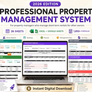 Könnte beinhalten: Ein professionelles Immobilienverwaltungssystem in der Edition 2026 als digitale Vorlage für Excel und Google Sheets. Die Benutzeroberfläche zeigt 26 Tabellenblätter, über 1.850 Formeln, Eigentümerberichte, Buchungsprotokolle und Steuer-Tools.
