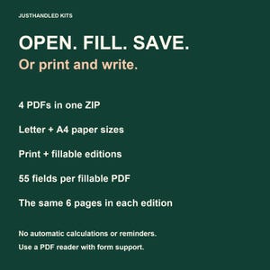 May include: A dark green digital information graphic with white and light peach text reading: JUSTHANDLED KITS, OPEN. FILL. SAVE. Or print and write. 4 PDFs in one ZIP, Letter + A4 paper sizes, Print + fillable editions, 55 fields per fillable PDF.