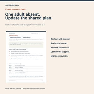 May include: An educational document titled JUSTHANDLED Kits: A Connected Worked Example. It features the text One adult absent. Update the shared plan, followed by a detailed classroom party plan page and a list of five steps to confirm and revise.
