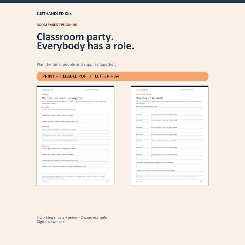 Classroom party planner cover in navy, cream and peach. Actual station-owner and day-of handoff sheets shown side by side. Five working sheets, a guide and a two-page fictional example; printable and fillable Letter and A4 PDFs.