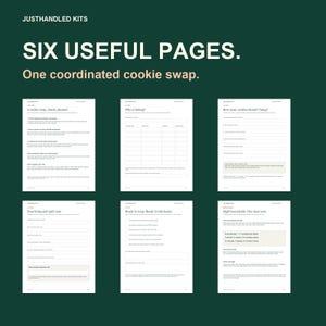 May include: A set of six printable pages for a cookie swap on a dark green background. The text reads JUSTHANDLED KITS, SIX USEFUL PAGES. One coordinated cookie swap. The pages include sections for planning, guest lists, baking, and packing notes.