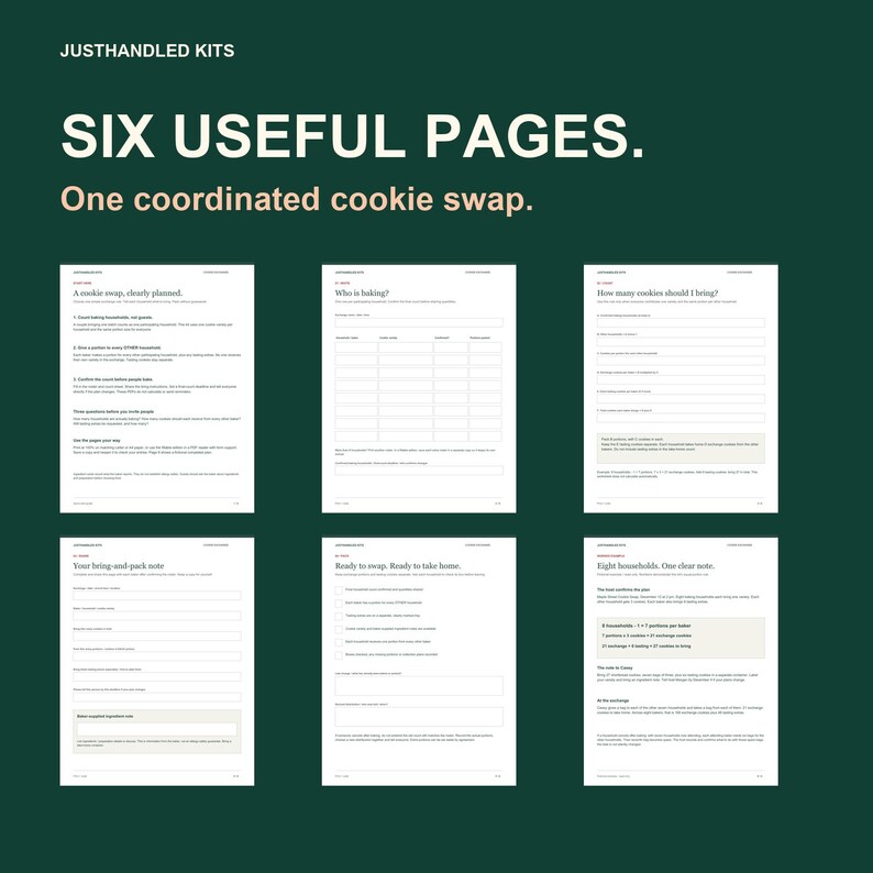 May include: A set of six printable pages for a cookie swap on a dark green background. The text reads JUSTHANDLED KITS, SIX USEFUL PAGES. One coordinated cookie swap. The pages include sections for planning, guest lists, baking, and packing notes.