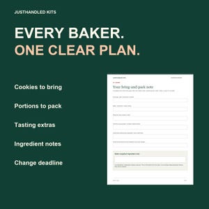 May include: A dark green informational graphic titled JUSTHANDLED KITS with the text EVERY BAKER. ONE CLEAR PLAN. It lists five categories: Cookies to bring, Portions to pack, Tasting extras, Ingredient notes, and Change deadline next to a form.