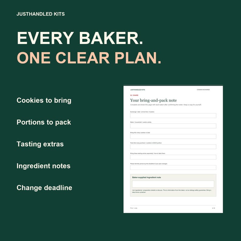 May include: A dark green informational graphic titled JUSTHANDLED KITS with the text EVERY BAKER. ONE CLEAR PLAN. It lists five categories: Cookies to bring, Portions to pack, Tasting extras, Ingredient notes, and Change deadline next to a form.