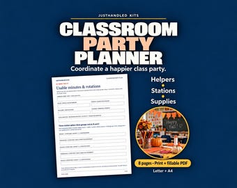 Classroom Party Planner for Room Parents, Volunteer and Supply Coordination, Fillable PDF, Letter & A4
