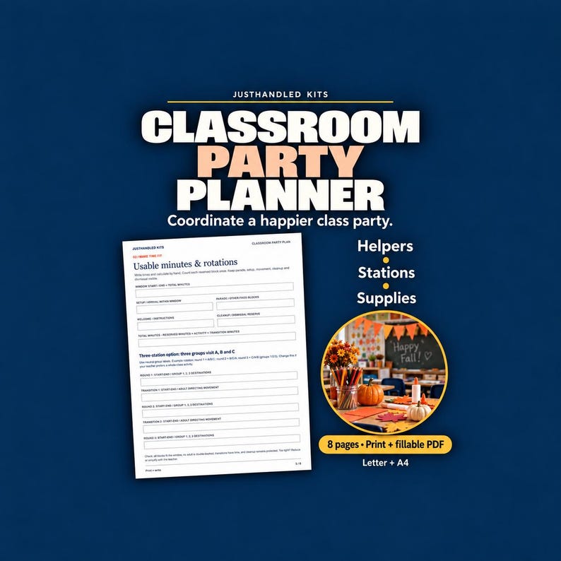Classroom Party Planner for Room Parents, Volunteer and Supply Coordination, Fillable PDF, Letter & A4 image 1