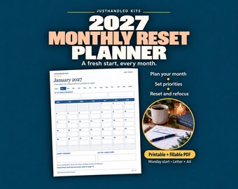 2027 Monthly Reset Planner, Fillable PDF Calendar, Monday Start (Letter + A4)
