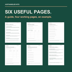 May include: A set of six white paper pages on a dark green background. The text reads JUSTHANDLED KITS, SIX USEFUL PAGES. A guide, four working pages, an example. Each page contains structured headings, instructional text, and blank fillable fields.