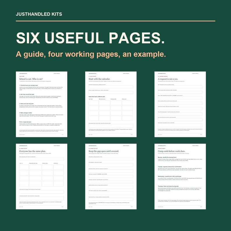 May include: A set of six white paper pages on a dark green background. The text reads JUSTHANDLED KITS, SIX USEFUL PAGES. A guide, four working pages, an example. Each page contains structured headings, instructional text, and blank fillable fields.
