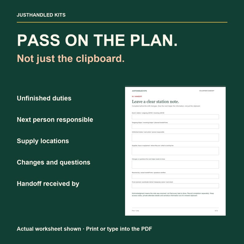 Planificateur de quarts de travail des bénévoles, registre de couverture et formulaires de passation de consignes, PDF remplissable, formats Lettre et A4 image 4