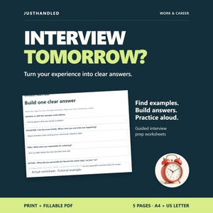 Puede incluir: Un documento digital azul oscuro titulado INTERVIEW TOMORROW? con texto en blanco y verde claro. Incluye una hoja de trabajo blanca con campos para preparación de entrevistas y un icono de reloj despertador rojo. Texto: PRINT + FILLABLE PDF.