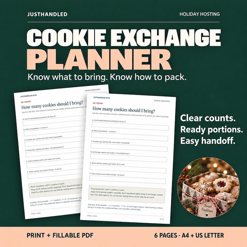May include: A digital cookie exchange planner with two white pages featuring the text How many cookies should I bring? and a circular image of a box of cookies with a tag reading Sweet Traditions. The planner is a 6-page printable PDF.