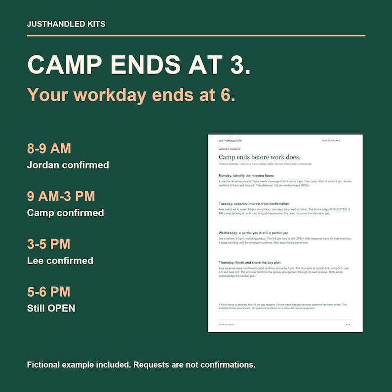 May include: A dark green informational graphic titled JUSTHANDLED KITS with the text CAMP ENDS AT 3. Your workday ends at 6. It lists hourly schedules from 8 AM to 6 PM with confirmation statuses and includes a white document page with text.