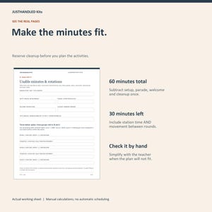 May include: A white planning worksheet titled JUSTHANDLED Kits Classroom Party Plan with sections for Usable minutes & rotations, including fields for setup, parade, welcome, and cleanup. The text includes instructions for 60 minutes total and 30 minutes left.