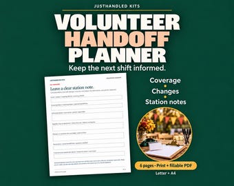 Planificador de turnos para voluntarios, registro de cobertura y formularios de traspaso, PDF rellenable, tamaño carta y A4.