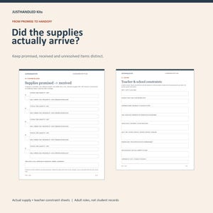 May include: Two white planning sheets titled JUSTHANDLED Kits. The left sheet is titled Supplies promised -> received with fields for item tracking. The right sheet is titled Teacher & school constraints with fields for school rules and planning details.