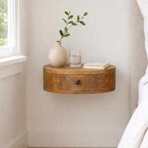 Rounded Wall Mounted Nightstand with Drawer, Solid Mango Wood Bedside Table in Oak Finish