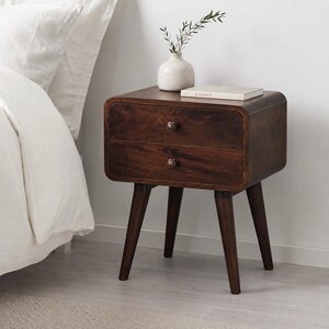 Walnut Finish Nightstand with 2 Drawers, Solid Mango Wood Bedside Table, Scandinavian Bedroom Side Table