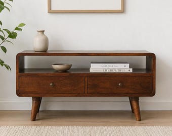 Modern Solid Mango Wood TV Stand with 2 Drawers, Chestnut Finish Media Console