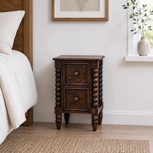 Small Solid Mango Wood Nightstand with 2 Drawers, Walnut Finish Bedside Table