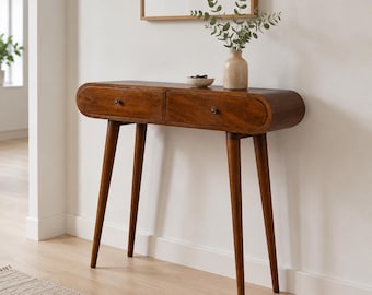 Rounded Console Table with 2 Drawers, Narrow Entryway Table, Chestnut Finish