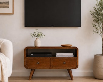 Small TV Stand with 2 Drawers and Open Shelf, Solid Mango Wood Media Console in Chestnut Finish