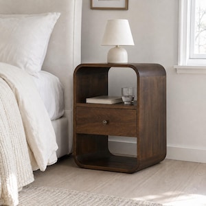 Rounded Solid Mango Wood Nightstand with Drawer and Open Shelves, Chestnut Finish Bedside Table