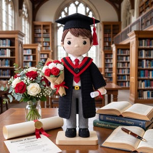 May include: A crocheted doll dressed in a black graduation gown, cap with a red tassel, white shirt, and red tie. The doll holds a bouquet of red and white roses wrapped in brown paper and a small white diploma tied with a red ribbon.
