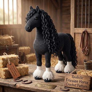 May include: A black crocheted Friesian horse toy with a long, curly black mane and tail, featuring white feathered hooves. A brown tag reads Amigurumi Crochet Pattern - PDF Download, and a wooden sign reads Realistic Friesian Horse Crochet Pattern.