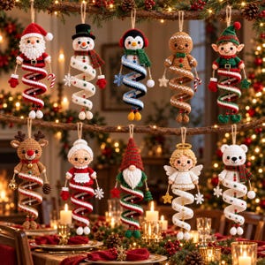 May include: A collection of ten hanging crochet ornaments featuring holiday characters including Santa Claus, a snowman, a penguin, a gingerbread person, an elf, a reindeer, Mrs. Claus, a gnome, an angel, and a polar bear, each with a spiral body.