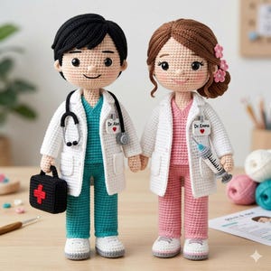 May include: Two crochet dolls dressed as medical professionals. The left doll has black hair, a white lab coat, teal scrubs, a stethoscope, and a black medical bag. The right doll has brown hair with pink flowers, a white lab coat, pink scrubs, and a syringe. Both have name tags reading Dr. Alex and Dr. Emma.