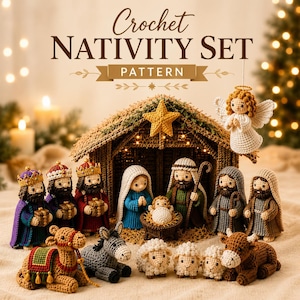 Può includere: Un set di presepe all'uncinetto con una stalla con stella gialla, un angelo, tre figure sagge con corone, Maria, Giuseppe, Gesù bambino in una mangiatoia, un cammello, un asino, due pecore e una mucca. Il testo recita Crochet NATIVITY SET PATTERN.