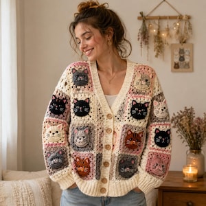 Cat Granny Square Cardigan Crochet Pattern, Oversized Patchwork Sweater PDF, Instant Digital Download