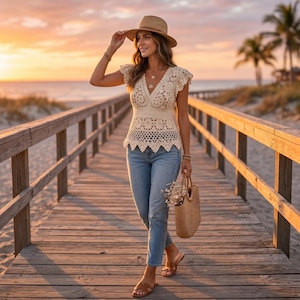May include: A cream-coloured crochet top with a V-neckline and flutter sleeves, paired with light blue denim jeans, a tan fedora hat, brown slide sandals, and a woven straw handbag containing a small bunch of dried white flowers.