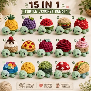 Paquete de patrones de crochet de tortuga, 15 diseños de amigurumi de comida, tutorial en PDF para caparazón extraíble.