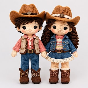 May include: Two handmade crochet dolls dressed in western-style outfits. The left doll wears a brown cowboy hat, a pink shirt, a beige vest, blue jeans, and brown boots. The right doll has long curly hair, a brown hat, a denim jacket, and a skirt.