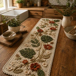 May include: A rectangular crochet table runner featuring a cream-colored base with an intricate botanical design. The pattern includes raised, textured dark green monstera leaves, smaller olive green foliage, and vibrant rust-colored flowers.