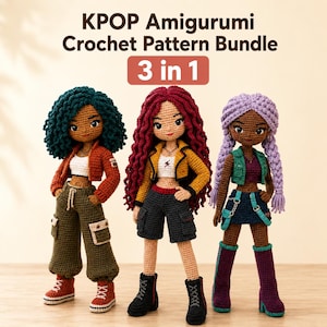May include: Three amigurumi dolls with crochet hair and outfits. The text reads KPOP Amigurumi Crochet Pattern Bundle 3 in 1. The dolls feature dark skin, detailed yarn clothing, and varied hairstyles including dark green curls, long red waves, and lavender braids.