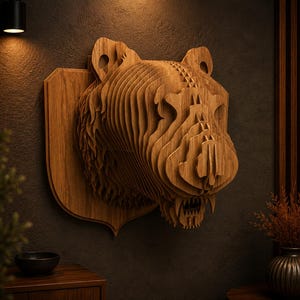 Puede incluir: Una escultura de cabeza de oso montada en la pared, construida con paneles de madera de color marrón claro en capas. El diseño presenta un perfil geométrico tridimensional con bordes apilados visibles, orejas puntiagudas y una boca abierta.