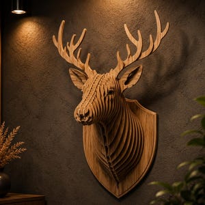 Peut inclure: Une sculpture murale en forme de tête de cerf, fabriquée à partir de panneaux de bois clair superposés. L'objet présente un design géométrique à lattes formant la silhouette d'un cerf avec des bois saillants, fixé sur un support en bois.